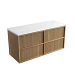 Aulic Venetta fluted wall hung vanity in harvest oak with white stone-look top, angled view