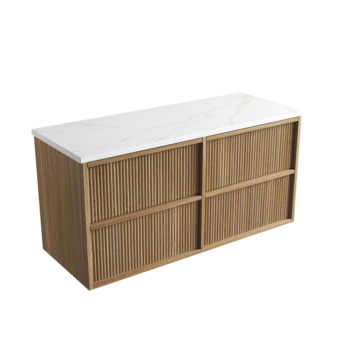 Aulic Venetta fluted wall hung vanity in harvest oak with white stone-look top, angled view