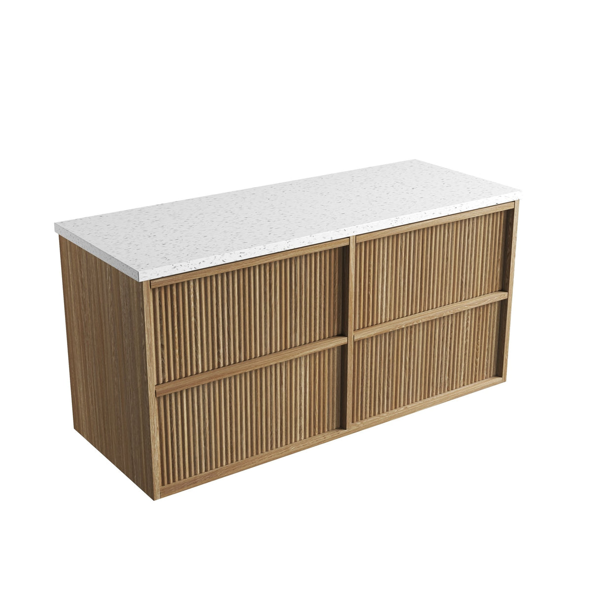 Aulic Venetta fluted wall hung vanity in Harvest Oak with white stone top, angled front view