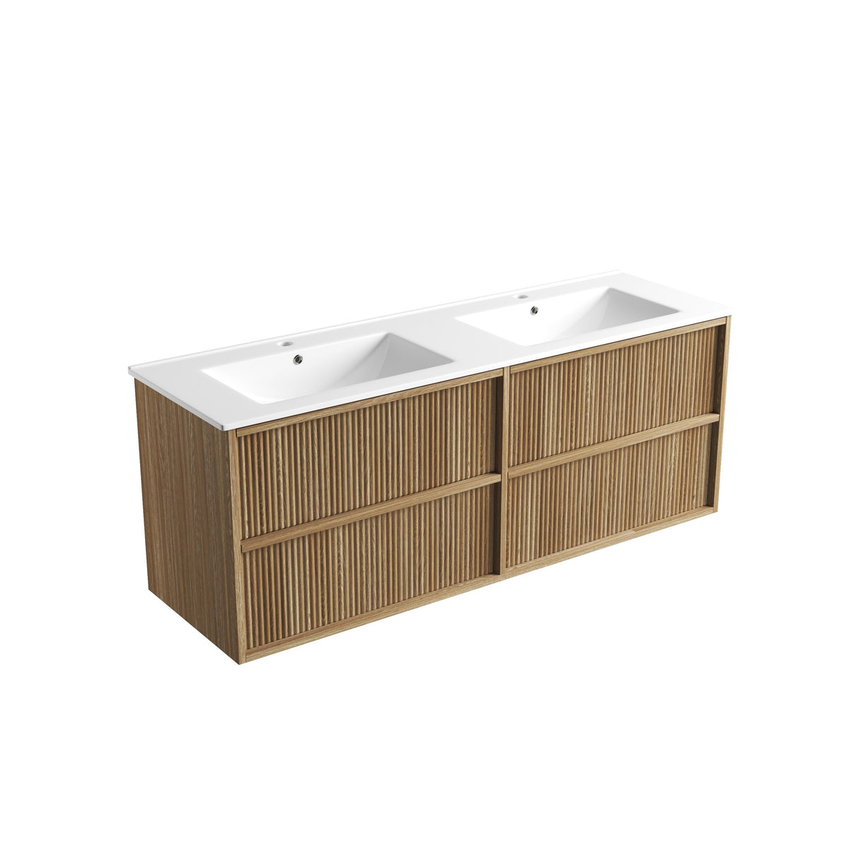 Aulic Venetta fluted wall hung vanity, Harvest Oak woodgrain with white double ceramic basin top, angled view