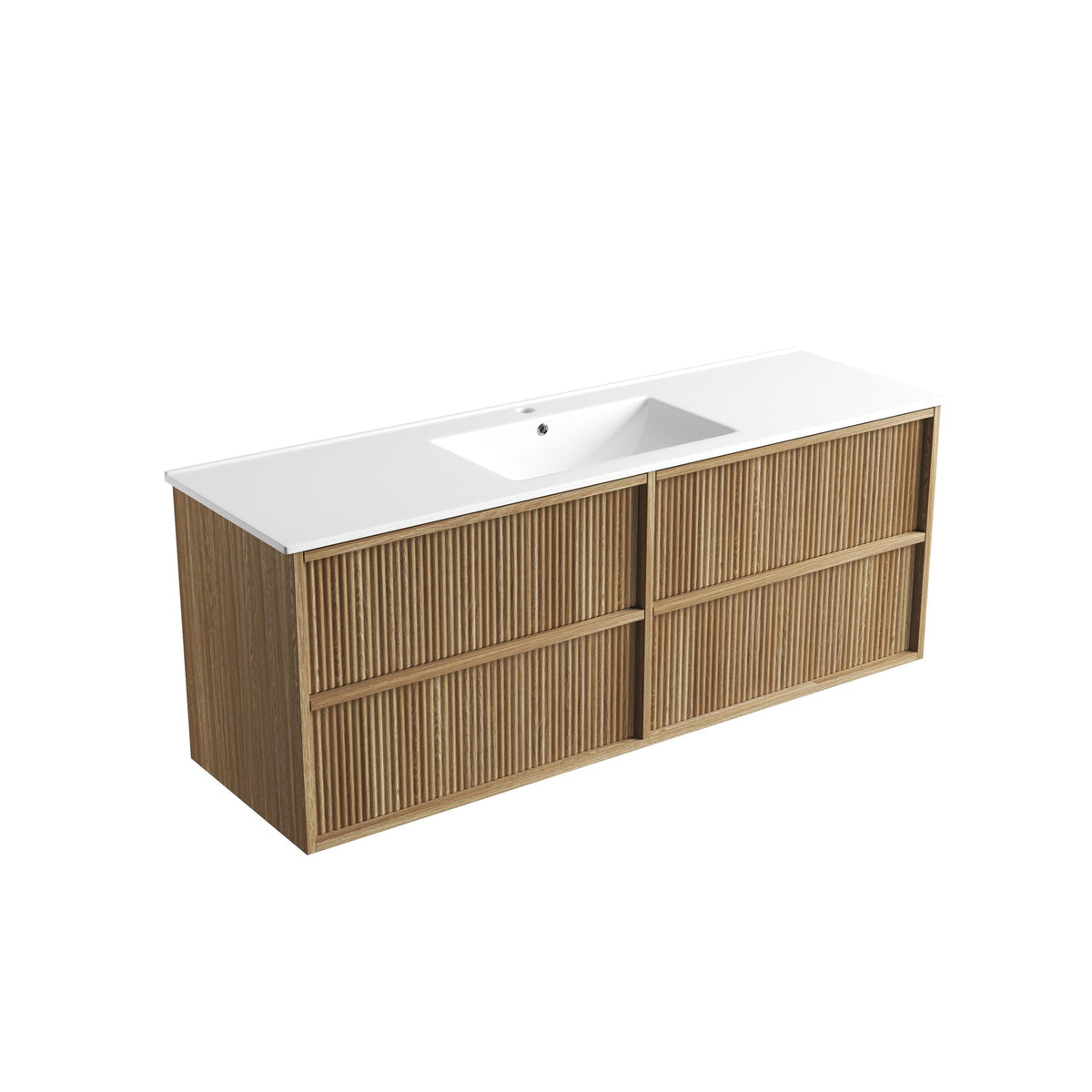Aulic Venetta fluted wall hung vanity, Harvest Oak woodgrain finish, 1500mm single bowl with white top