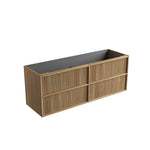 Aulic Venetta fluted wall hung vanity cabinet in Harvest Oak woodgrain, angled view with graphite interior and drawers