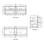 Technical drawing of Aulic Venetta fluted wall hung vanity 1500mm, showing front, top and side views with measurements and single bowl layout