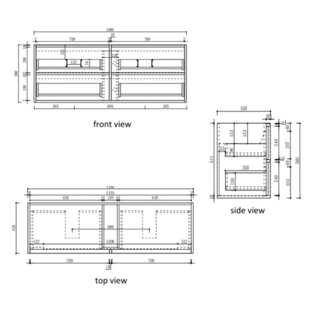 Technical drawing of Aulic Venetta fluted wall hung vanity 1500mm, showing front, top and side views with measurements and single bowl layout