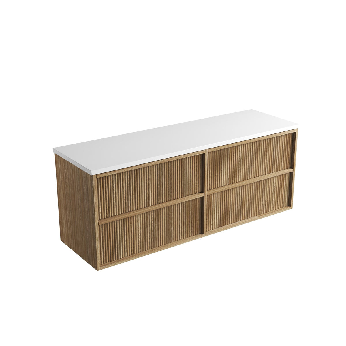 Aulic Venetta fluted 1500mm wall hung vanity in Harvest Oak with white top, single bowl, front view