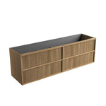 Aulic Venetta fluted wall hung vanity cabinet in Harvest Oak woodgrain, shown without top or basins, angled view