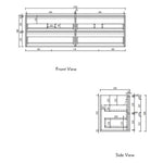 Technical drawing showing Aulic Venetta fluted wall hung vanity, front and side views, 1800mm double bowl cabinet dimensions