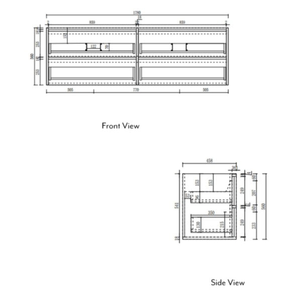 Technical drawing showing Aulic Venetta fluted wall hung vanity, front and side views, 1800mm double bowl cabinet dimensions