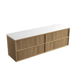 Aulic Venetta fluted wall hung vanity in Harvest Oak with white stone top, angled front view, 1800mm double bowl cabinet
