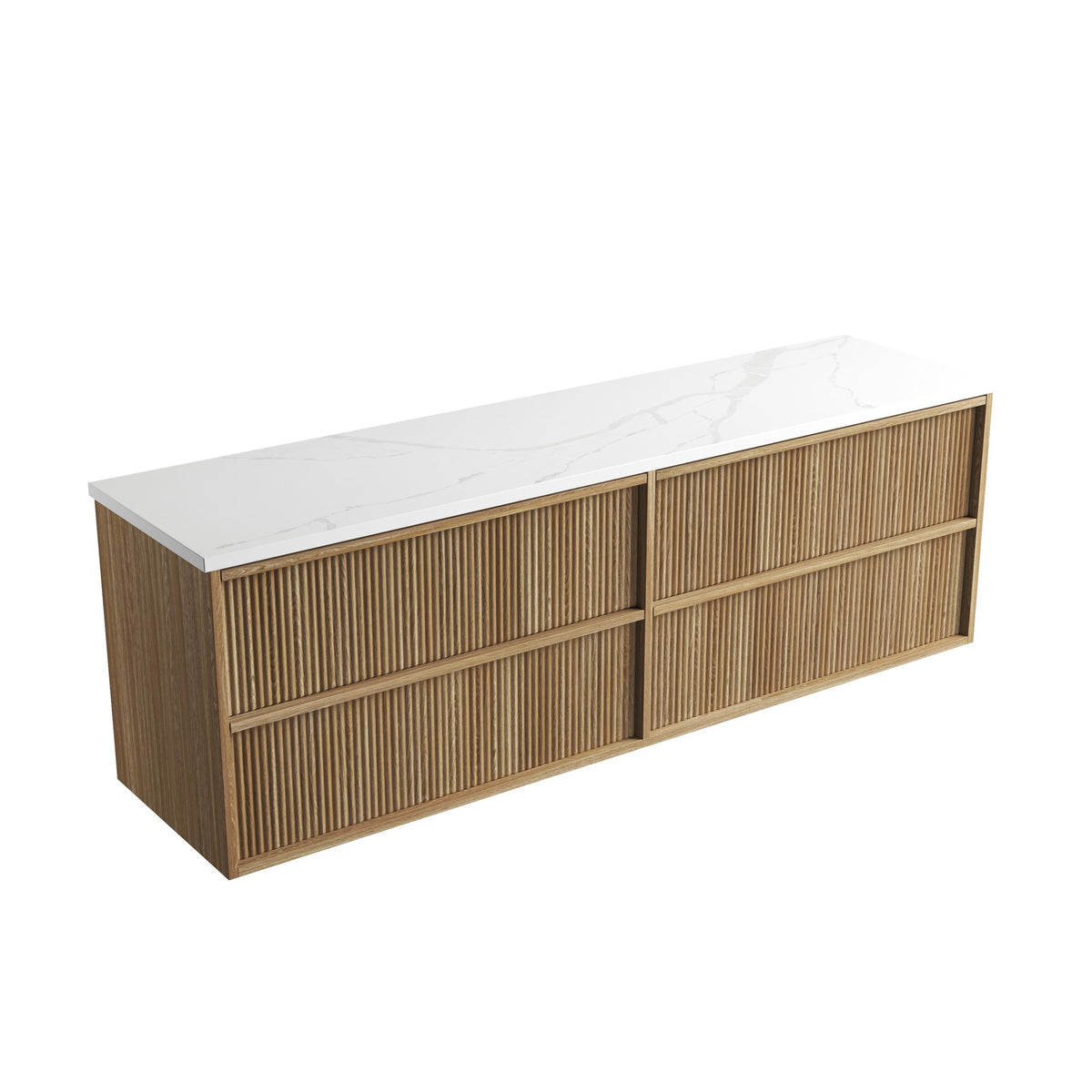 Aulic Venetta fluted wall hung vanity in Harvest Oak with white stone top, angled front view, 1800mm double bowl cabinet
