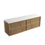 Aulic Venetta fluted wall hung vanity in Harvest Oak with white flat stone top, angled front view