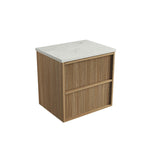 Aulic Venetta wall hung vanity with Snow flat stone top and Harvest Oak fluted drawers, angled view