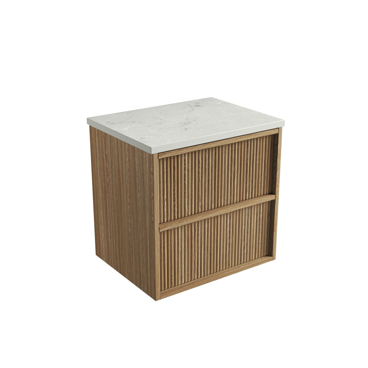 Aulic Venetta wall hung vanity with Snow flat stone top and Harvest Oak fluted drawers, angled view
