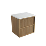 Aulic Venetta wall hung vanity with alpine white stone top and Harvest Oak fluted drawers, angled view
