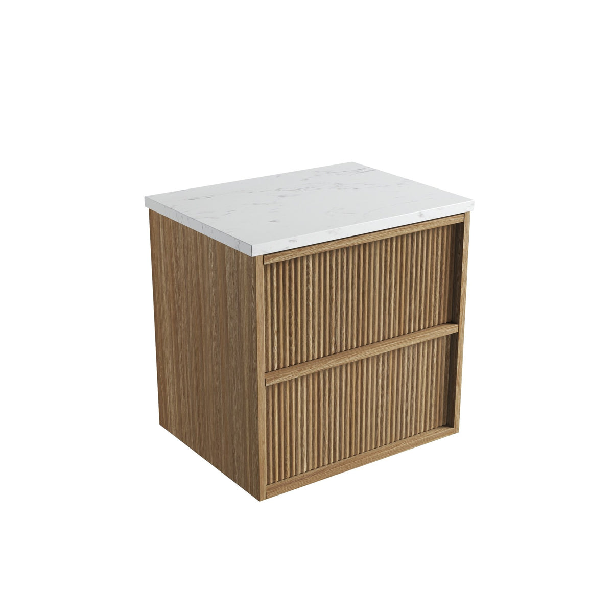 Aulic Venetta wall hung vanity with alpine white stone top and Harvest Oak fluted drawers, angled view
