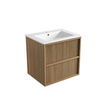 Aulic Venetta wall hung vanity with white top and Harvest Oak fluted woodgrain drawers, angled front view