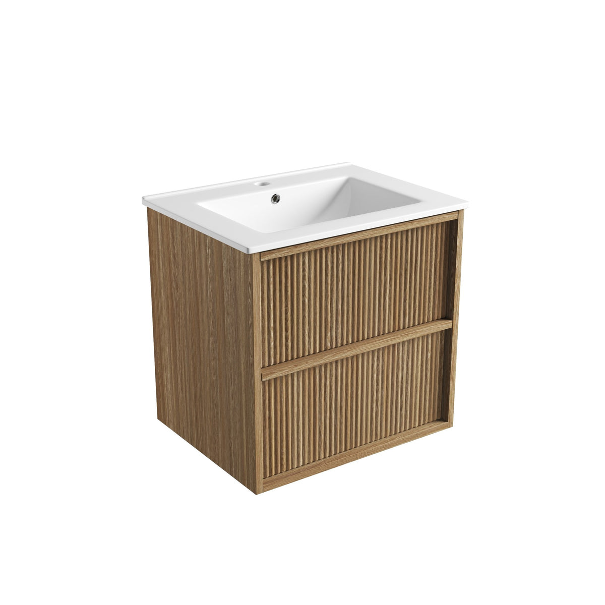 Aulic Venetta wall hung vanity with white top and Harvest Oak fluted woodgrain drawers, angled front view