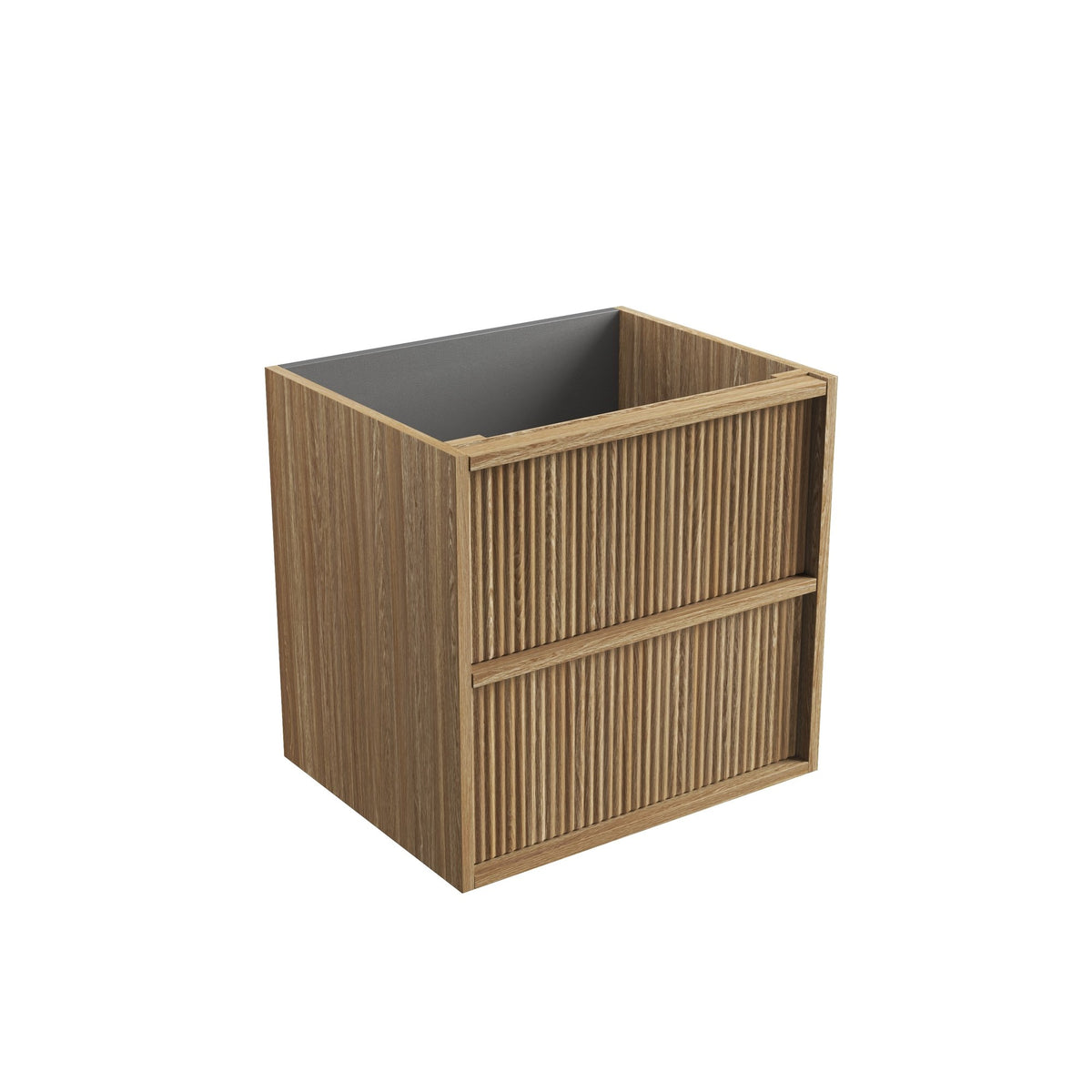 Aulic Venetta fluted wall hung vanity cabinet in harvest oak woodgrain, angled view, without top or basin