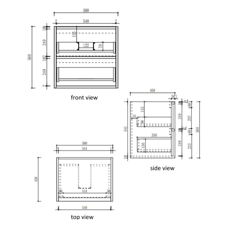 Aulic Venetta wall hung vanity technical drawing, front, side and top views with dimensions, 750mm, Palis White flat stone top