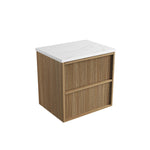 Aulic Venetta wall hung vanity, Harvest Oak woodgrain, fluted drawer fronts and white stone top, front angle