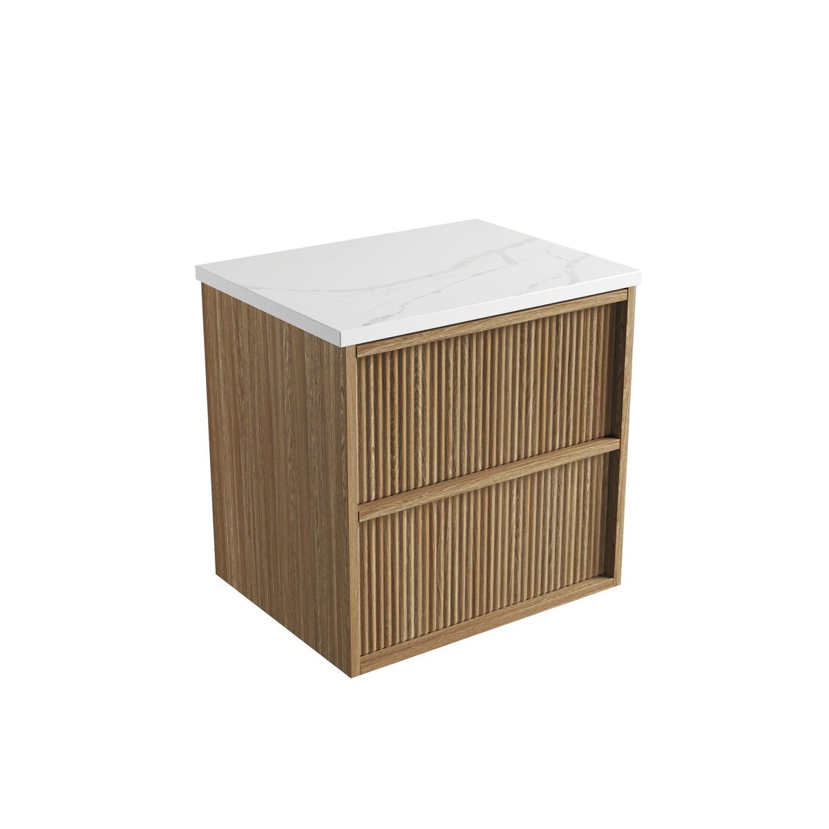 Aulic Venetta wall hung vanity, Harvest Oak woodgrain, fluted drawer fronts and white stone top, front angle