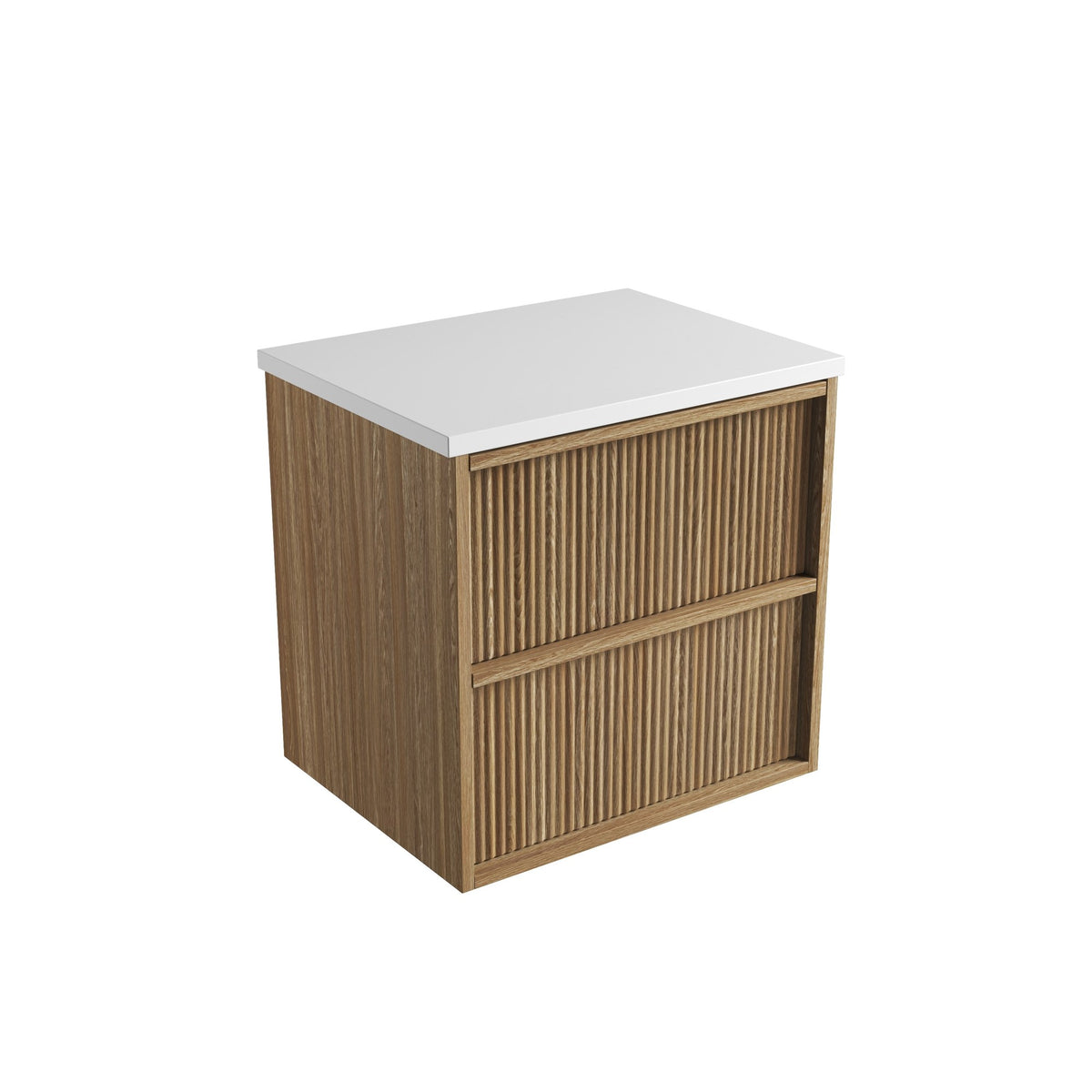 Aulic Venetta fluted wall hung vanity in woodgrain with white ceramic top, front and side view