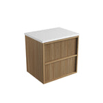 Aulic Venetta 1200mm wall hung vanity in Harvest Oak with fluted drawers and white speckled top, angled view