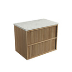 Aulic Venetta fluted wall hung vanity, Harvest Oak woodgrain with white stone-look top, angled view