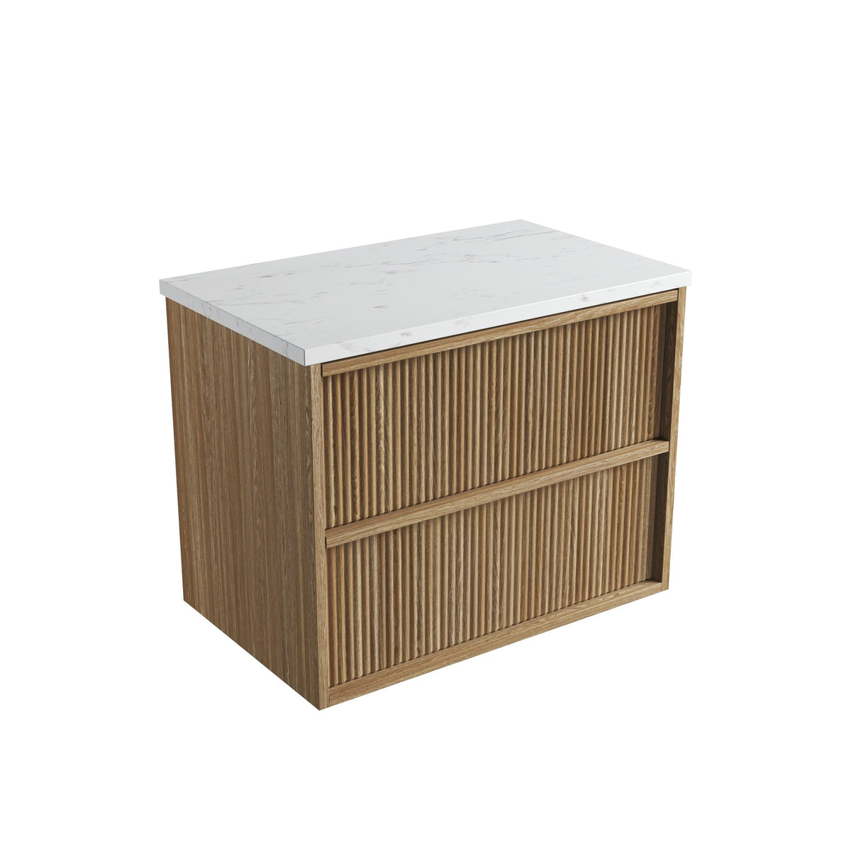 Aulic Venetta fluted wall hung vanity, Harvest Oak woodgrain with white stone-look top, angled view