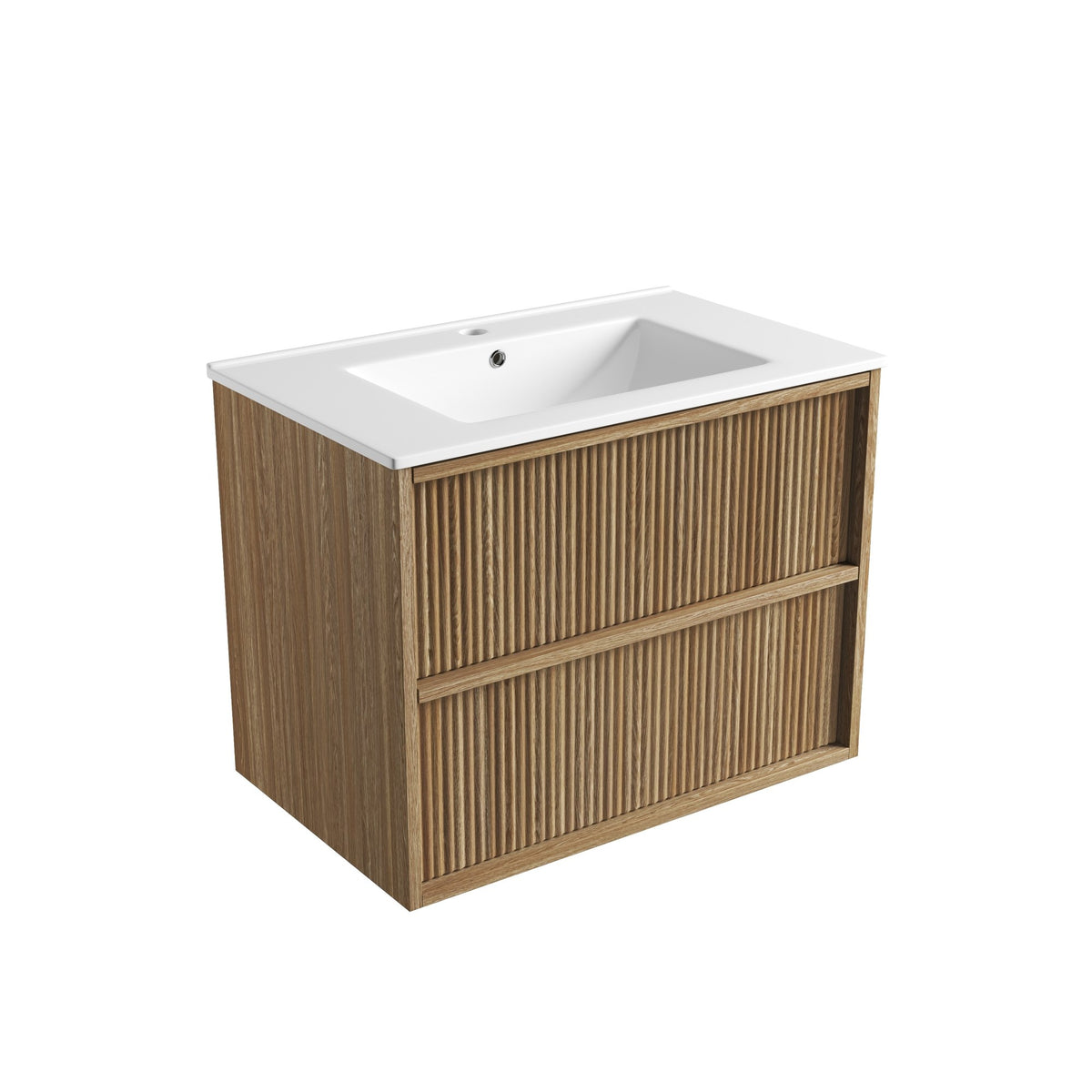 Aulic Venetta fluted wall hung vanity with white top, Harvest Oak woodgrain finish and two drawers