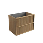 Aulic Venetta fluted wall hung vanity cabinet in Harvest Oak woodgrain, angled view with graphite interior
