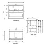 Technical drawing of Aulic Venetta fluted wall hung vanity 750mm, showing front, top and side views with dimensions.