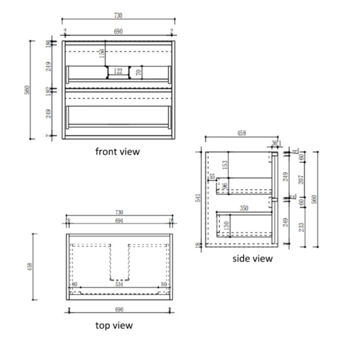 Technical drawing of Aulic Venetta fluted wall hung vanity 750mm, showing front, top and side views with dimensions.