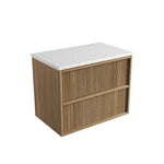 Aulic Venetta fluted wall hung vanity, Harvest Oak woodgrain with white stone top, front three-quarter view