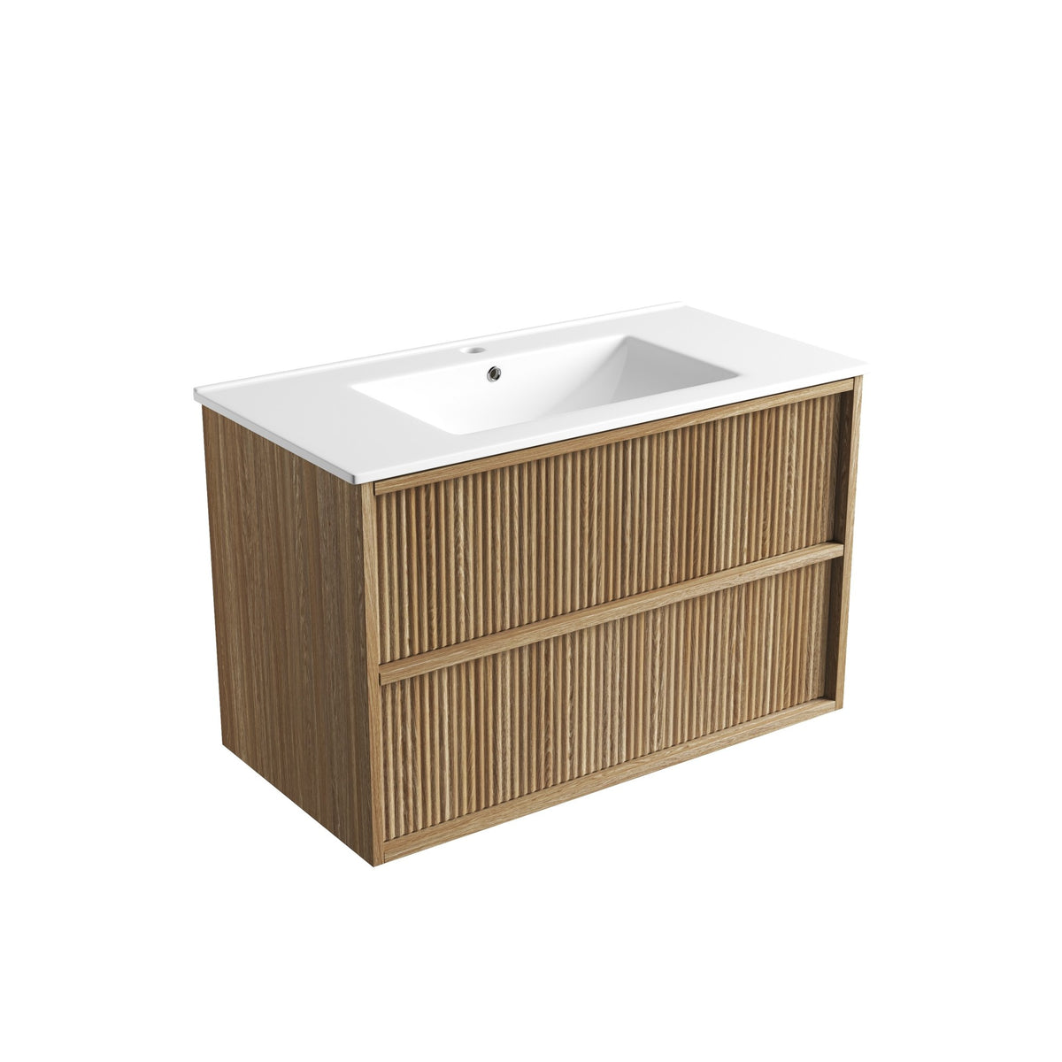 Aulic Venetta fluted wall hung vanity in Harvest Oak with white ceramic top, front angled view