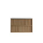 Aulic Venetta fluted wall hung vanity in Harvest Oak with white top, front view, two drawers