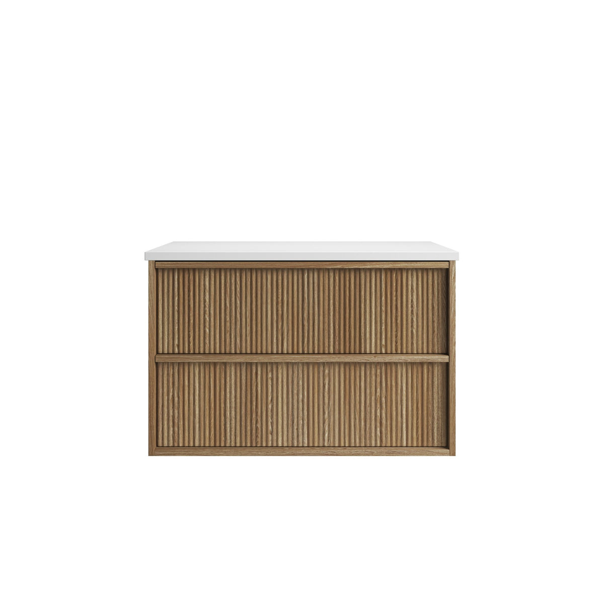 Aulic Venetta fluted wall hung vanity in Harvest Oak with white top, front view, two drawers