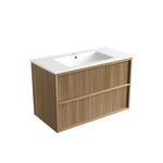 Aulic Venetta fluted wall hung vanity in Harvest Oak with white ceramic top, angled view