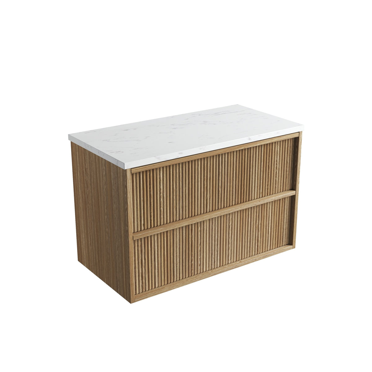 Aulic Venetta fluted wall hung vanity in woodgrain with white stone-look top, angled front view