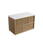 Aulic Venetta fluted wall hung vanity in Harvest Oak with white stone-look top, two drawers, angled view
