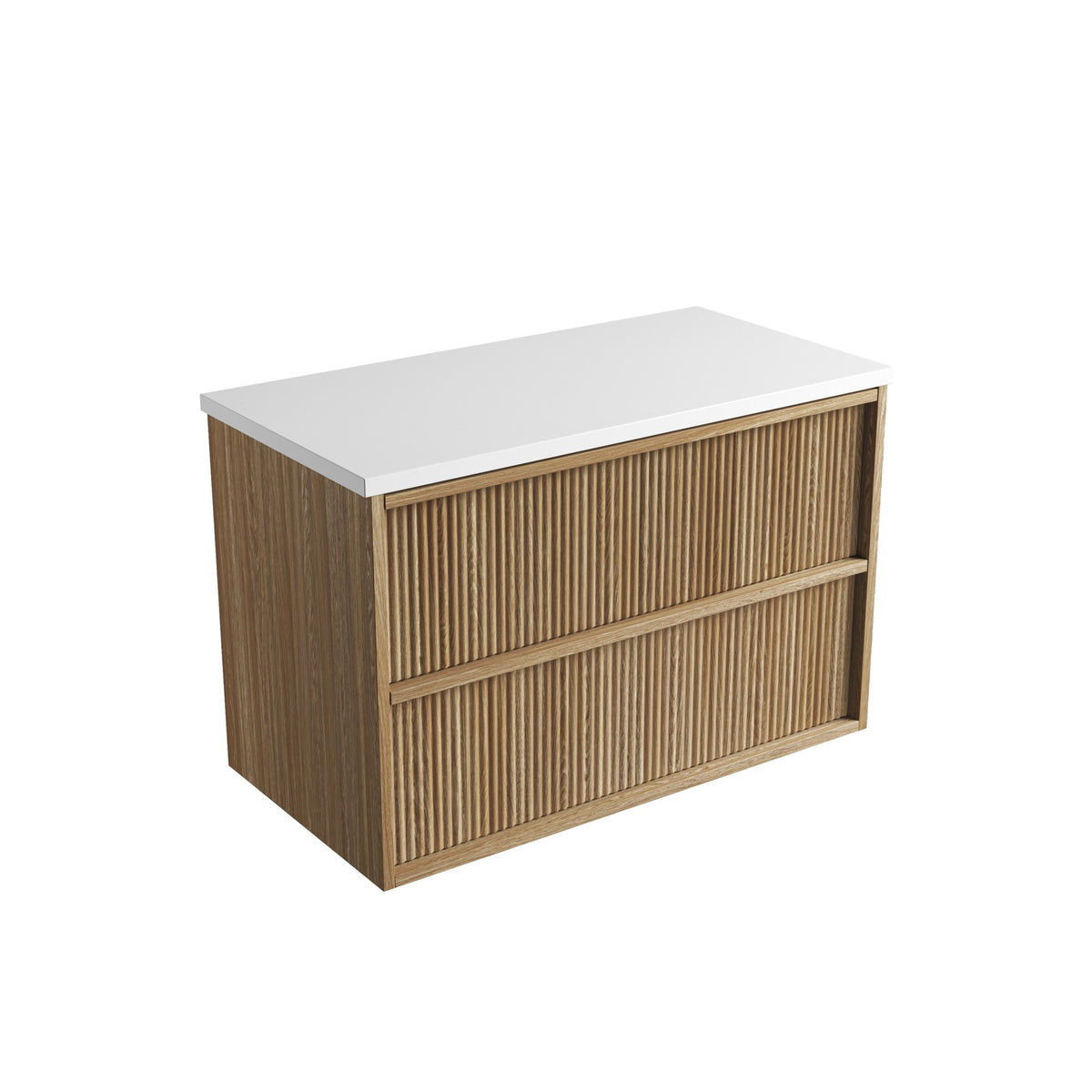 Aulic Venetta fluted wall hung vanity with white top and Harvest Oak woodgrain drawers, front view