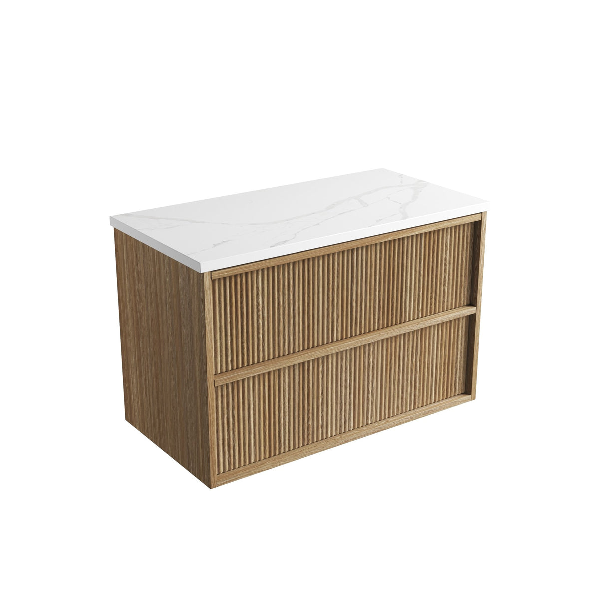 Aulic Venetta fluted wall hung vanity in Harvest Oak with white stone top, angled front view
