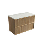 Aulic Venetta fluted wall hung vanity in Harvest Oak with white stone-look top, front three-quarter view