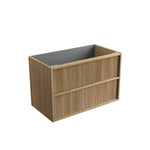 Aulic Venetta fluted wall hung vanity cabinet in Harvest Oak woodgrain with graphite interior, angled view