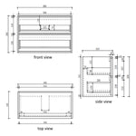 Aulic Venetta 900mm wall hung vanity technical drawing, showing front, top and side views with dimensions