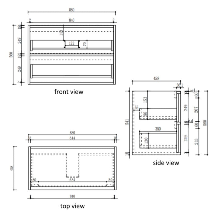 Aulic Venetta 900mm wall hung vanity technical drawing, showing front, top and side views with dimensions