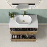 Aulic Venetta fluted wall hung vanity in Harvest Oak with open drawers, white basin top and brass tap, top view