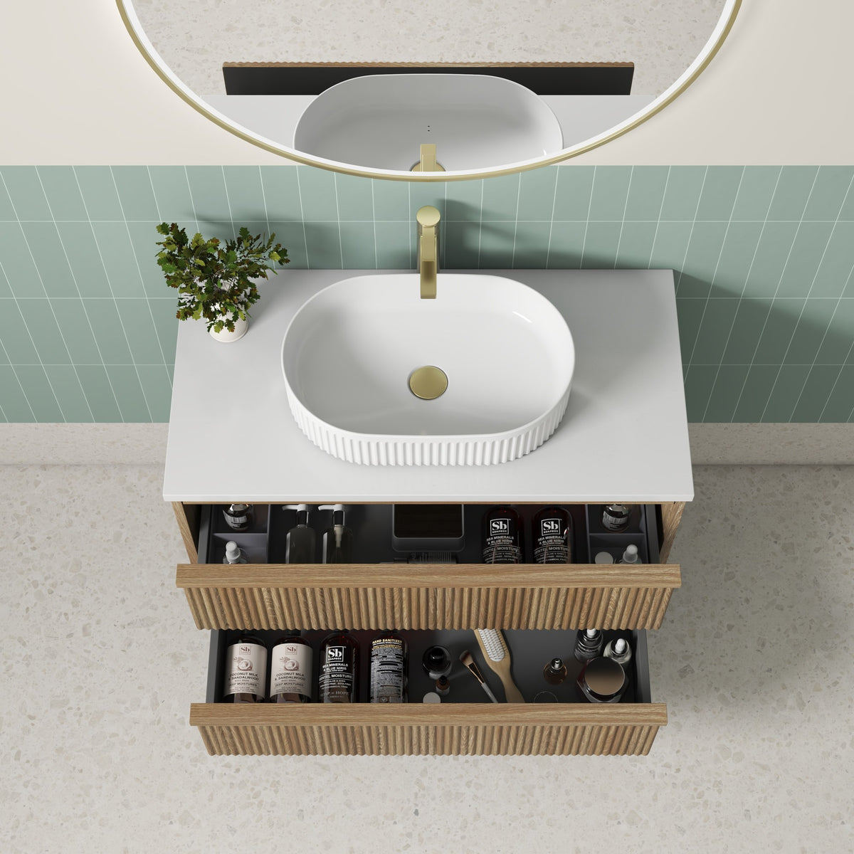 Aulic Venetta fluted wall hung vanity in Harvest Oak with open drawers, white basin top and brass tap, top view
