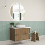 Aulic Venetta 900mm wall hung vanity in Harvest Oak with fluted drawer fronts, white top and round basin, bathroom setting