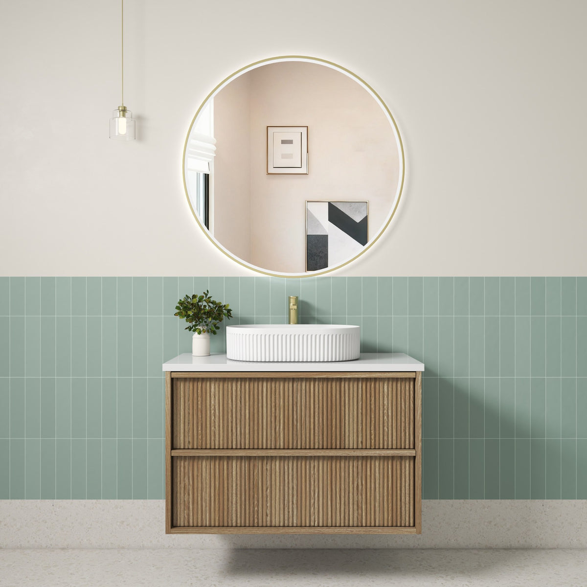 Aulic Venetta fluted wall hung vanity in Harvest Oak with white top and round vessel basin, shown in a bathroom setting